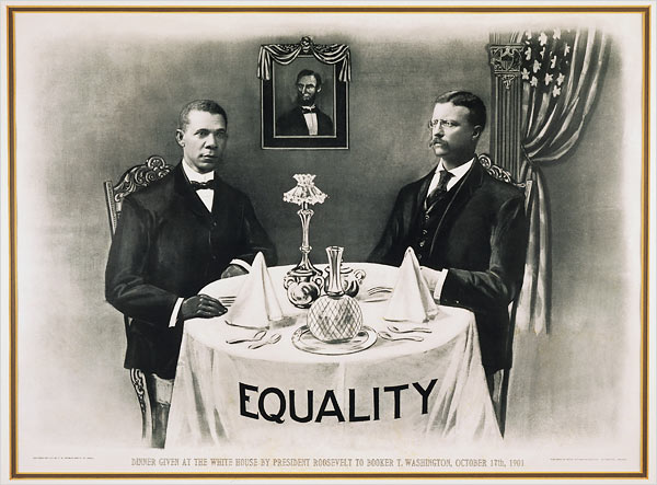 Lithograph commemorating Booker T. Washington’s 1901 White House dinner with President Theodore Roosevelt.