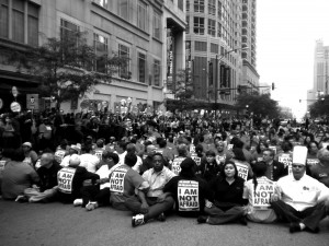 union Unionized workers sit in front of the Park Hyatt Hotel on Chicago Avenue, September 24th, 2009