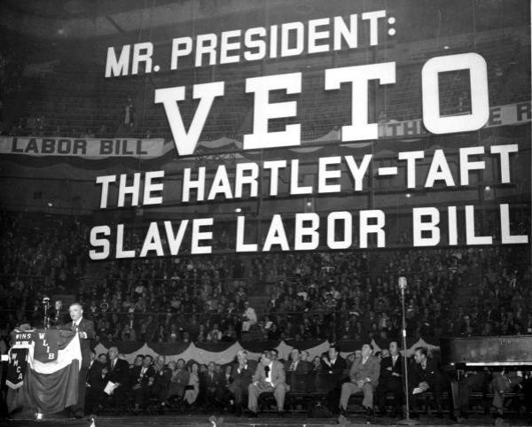 A union rally in 1947 held at Madison Square Garden in New York City to oppose the passage of the Labor Management Relations Act, generally referred to as the Taft-Hartley Bill.