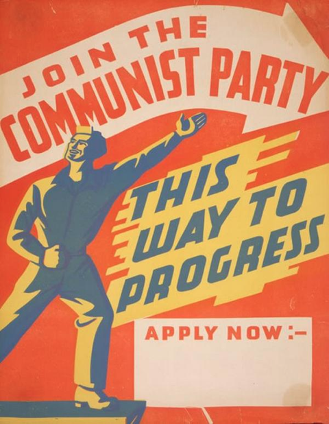 "Join the Communist Party! This way to progress," poster from the Communist Party of New Zealand, 1940s