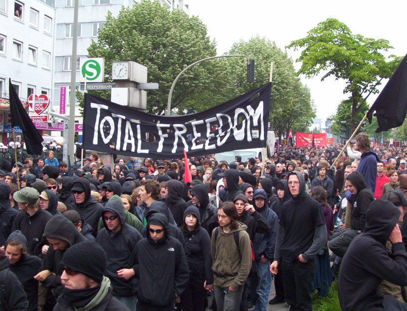 Protesters at the G8 meeting in Hamburg, Germany in 2007 marched for "Total Freedom" and against globalization.