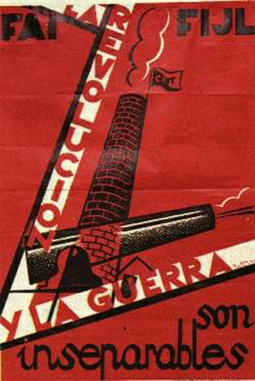 This Spanish Civil War poster says "revolution and war are inseparable". The design bares the stamp of CNT (The National Confederation of Labor), FAI (The Iberian Anarchist Federation), and FIJL (The Iberian Federation of Anarchist Youth).
