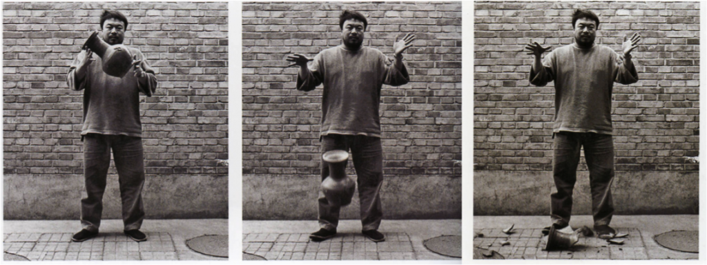 Ai Weiwei, photo documentation of the performance Dropping a Han Dynasty Urn (1995), Triptych: black and white photograph.