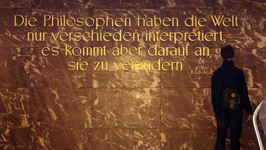 Marx's famous statement concluding his 1845 Theses on Feuerbach is engraved in the entryway of Humboldt University, Berlin.