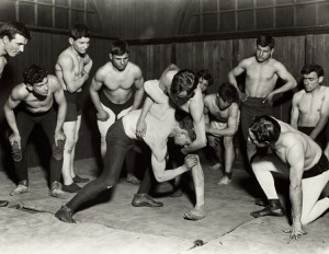Lewis W. Hine (American, 1874 – 1940) photo of Greek Wrestling Club, 1910, from the series Hull House, Chicago.