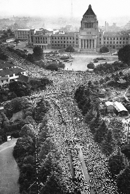 Protestors surround the Diet in Tokyo on June 18th, 1960, to oppose the ANPO Security Treaty between the United States and Japan, which was passed the following day.