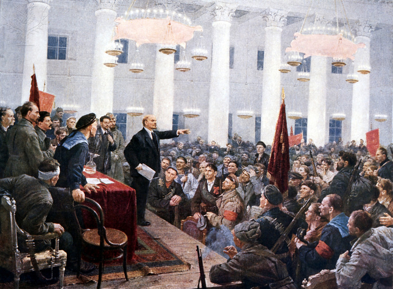 Lenin giving a speech to the deputies of the Second Soviet Congress in the Smolny Palace in St. Petersburg during the Russian Revolution, October 1917. 
