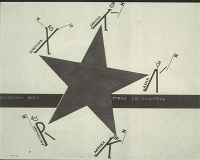 El Lissitzky's Workers of the World Unite design for "Die Vier Grundrich numgrarten" 1928.