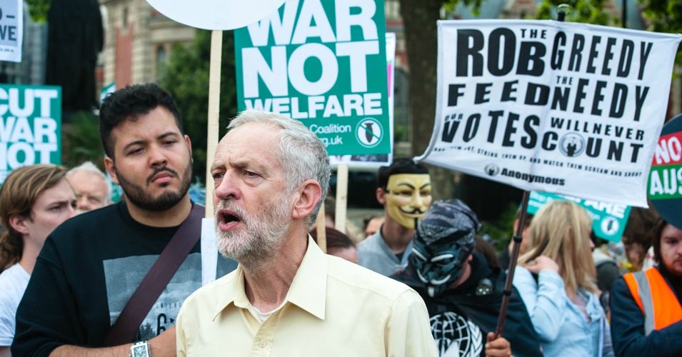 Jeremy Corbyn at an anti-austerity protest in London, 2015, where he receives the support from Stop the War Coalition. 