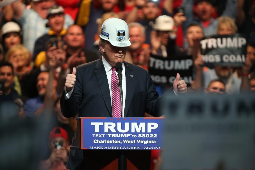 Donald Trump donning a miner's hardhat at a rally held in Charleston, West Virginia on May 5, 2016.