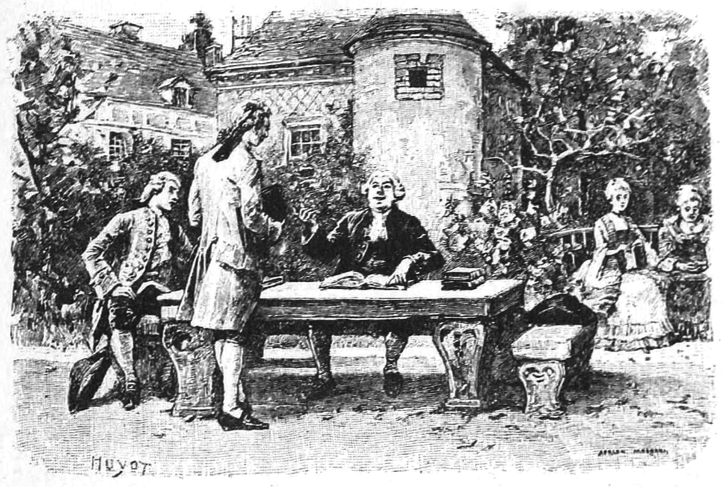 Illustration of Professor Pangloss instructing Candide, by Adrien Moreau (1893).
