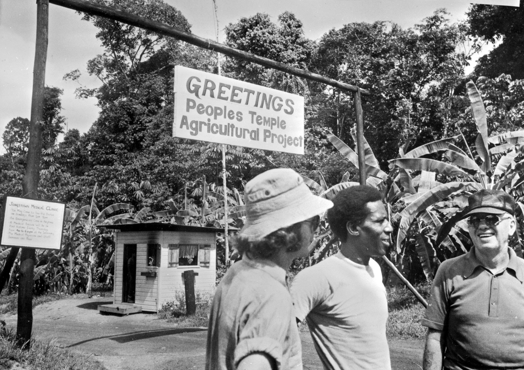 A 1978 photo of the People's Temple Agricultural Project in northwestern Guyana, also known as "Jonestown", led by cult leader Jim Jones. On November 18, 1978, 909 cult members died by "revolutionary suicide" from cyanide poisoning, orchestrated by Jim Jones, and five other people were murdered by Temple members.