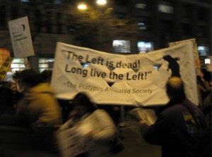 Platypus banner at anti-war demonstration, Chicago, March 19, 2008